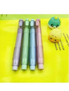 4pcs/Set Automatic Press Design Push And Pull Rubber Eraser With 3 Replacement Refills, Great For Students, School, Office Use, Cute And Portable