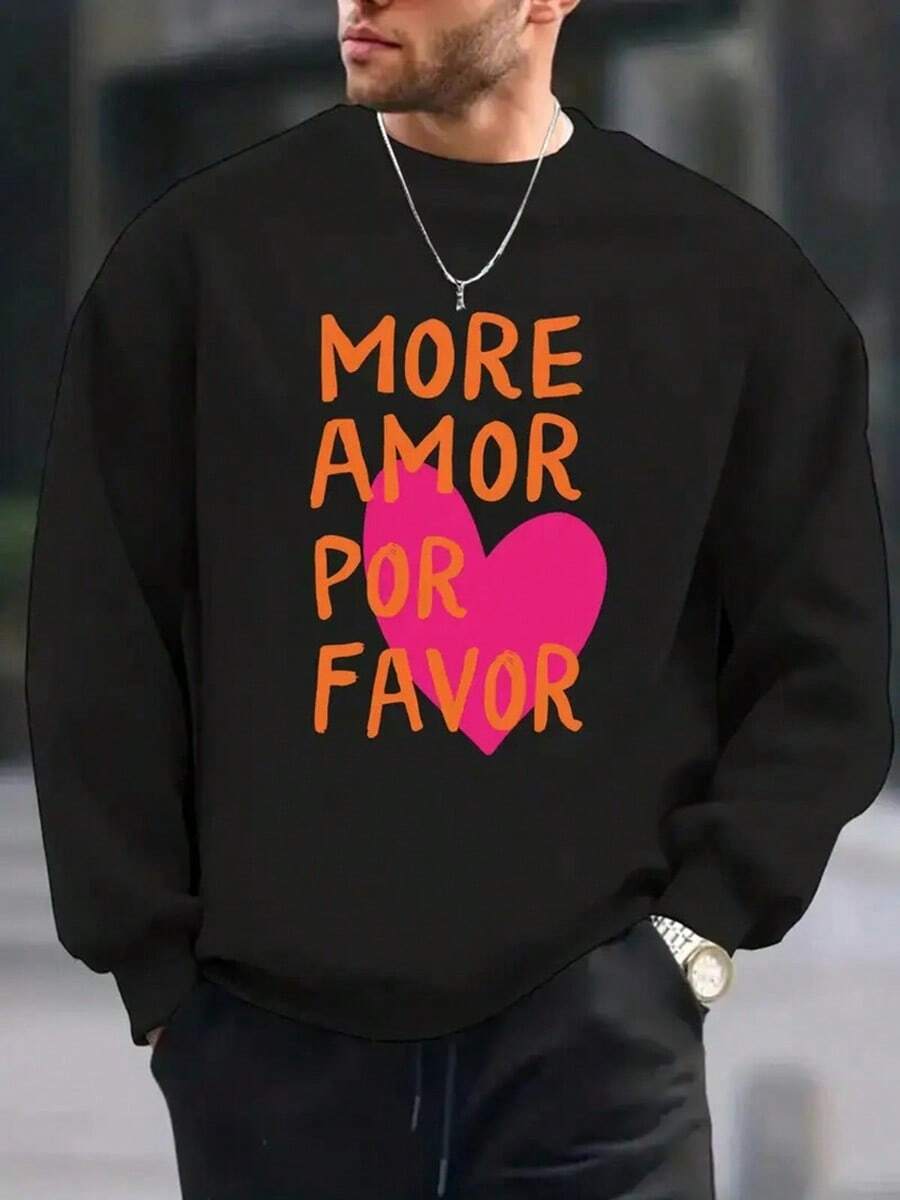 Men's Love More, Please Love A Little Bit Printed Fashion Round Neck Long Sleeve Sweatshirt, Comfortable Regular Fit Pullover, Essential Autumn And Winter Top For Men,Fall Hoodies,Men's Fall Clothes,Street Wear,Halloween,Mens Hoodies,Y2k Clothes,Jesus Hoodie,Thanksgiving Day,Nightmare Before Christmas,Christmas - Black - View 1