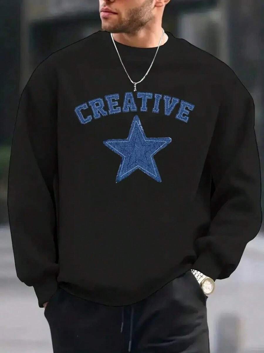 Men's Oversized White Crewneck Sweatshirt With Navy Blue Star & Creative Lettering Print - Long Sleeve Casual Pullover, Thick Warm Fabric For Fall Winter, Machine Washable Regular Fit Sweater For Everyday & Formal Outfits,Fall Hoodies,Men's Fall Clothes,Street Wear,Halloween,Mens Hoodies,Y2k Clothes,Jesus Hoodie,Thanksgiving Day,Nightmare Before Christmas,Christmas - Black - View 1