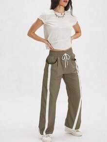 Women's Y2K Everyday Casual Pants Active Workout Contrast Color Drawstring Elastic Waist Loose Wide-Leg Athletic Trousers - Khaki - View 4