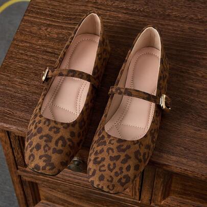 Scarpe da donna con punta quadrata, stampa leopardata, slip-on, versatili per ufficio, casual, all'aperto, primavera/estate, ballerine Mary Jane di al