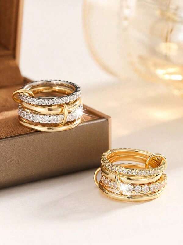 4pcs/Set Adjustable Multilayer Glamorous Style Copper Alloy Rings With Cubic Zirconia