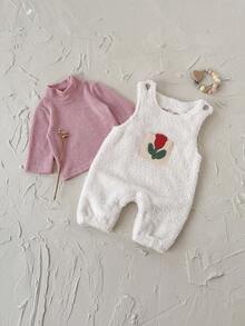 2pcs/Set Newborn Baby Girls' Floral Thick Long Sleeve T-Shirt And Fleece Jumpsuit, Winter - White - View 6