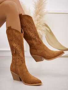 fandelle Fashionable Casual Retro Versatile Chunky Heel Minimalist Side Zipper Women Boots - Camel - View 2