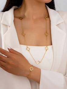 1 Set Fashionable European & American Style Glossy Hollow Clover Bracelet & Necklace Jewelry Set For Women