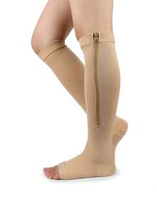 1 par de meias de compressão femininas sem biqueira, meias altas com zíper lateral, confortáveis para movimento, meias de prevenção de varizes, meias que se ajustam à pele - Multicolorido - Ver 2