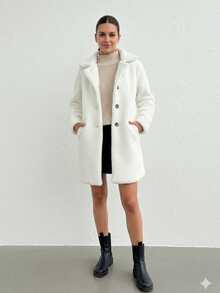 Kadın Kışlık Cepli Astarlı 3 Düğmeli Peluş Kaban - White - View 1