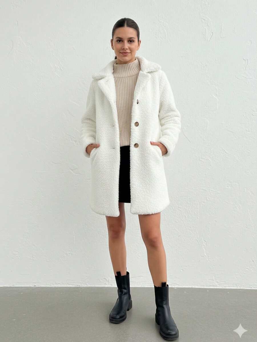 Kadın Kışlık Cepli Astarlı 3 Düğmeli Peluş Kaban - White - View 1