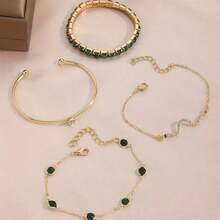New 4pc Stylish, Vintage & Elegant Snake-Shaped Crystal Bracelet Set - With Green Elastic Claw Chain & Open-Design Bangle