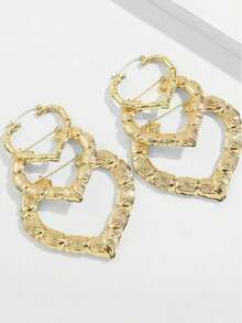 3 Pairs Fashionable Exaggerated Bamboo Texture Heart Shaped Earrings - Yellow Gold - View 1