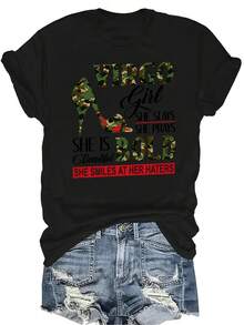 [Camiseta de moda casual] Camiseta de mujer suave y cómoda - Camiseta de manga corta con cuello redondo, estampado de tacón de camuflaje audaz de Virgo, regalo perfecto para la abuela y la mamá, uso casual de primavera y verano - Negro - Ver 1