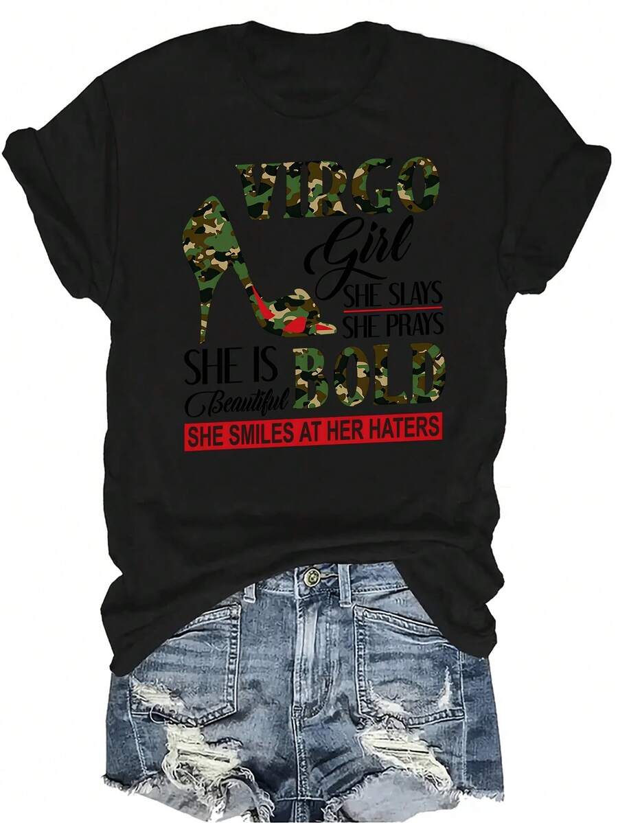 [Camiseta de moda casual] Camiseta de mujer suave y cómoda - Camiseta de manga corta con cuello redondo, estampado de tacón de camuflaje audaz de Virgo, regalo perfecto para la abuela y la mamá, uso casual de primavera y verano - Negro - Ver 1