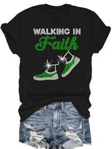[Camiseta de moda casual] Camiseta suave y cómoda para mujer - Diseño de calcetines con fe caminando Casual de manga corta y cuello redondo, regalo perfecto para la abuela y la mamá, uso casual de primavera y verano - Negro - Ver 1