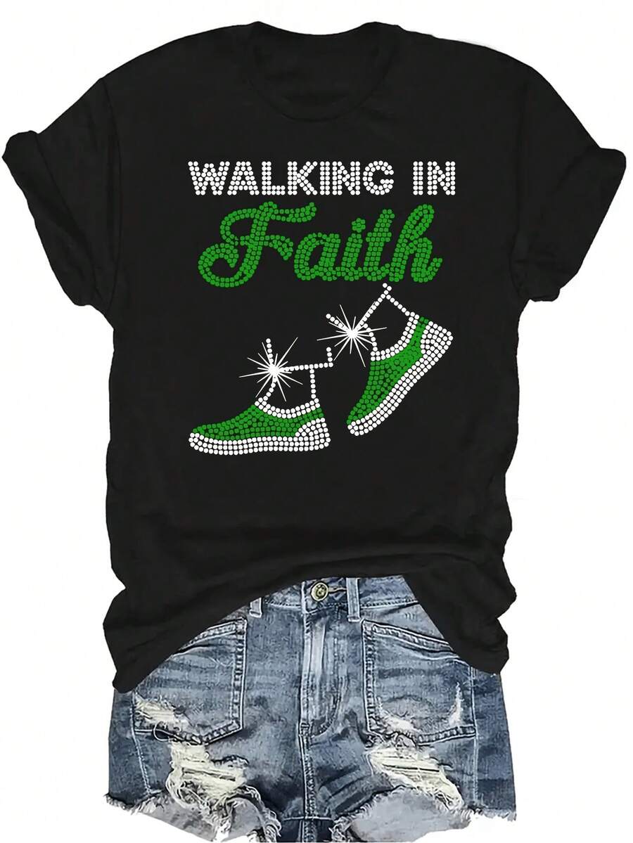 [Camiseta de moda casual] Camiseta suave y cómoda para mujer - Diseño de calcetines con fe caminando Casual de manga corta y cuello redondo, regalo perfecto para la abuela y la mamá, uso casual de primavera y verano - Negro - Ver 1