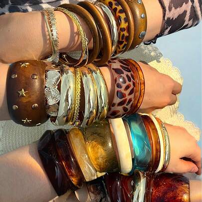 Ngẫu nhiên 21 chiếc/16 chiếc/11 chiếc/8 chiếc/4 chiếc/1 chiếc Vòng tay nhựa dày bằng kim loại thanh lịch cổ điển nhiều yếu tố phong cách trung cổ đồng xu cổ bất đối xứng màu chuyển sắc trong suốt nâu xanh lam xanh lá cây trắng họa tiết da báo