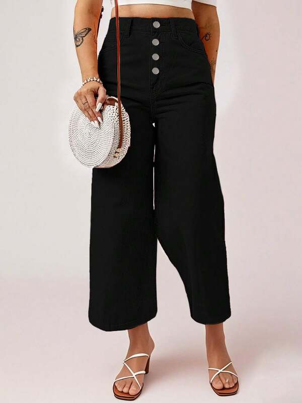 Autumn Women's Button-Down Placket Non-Elastic Straight High-Waist Pink Trousers, Daily Going Out Bottoms, Suitable For Halloween Costume Matching