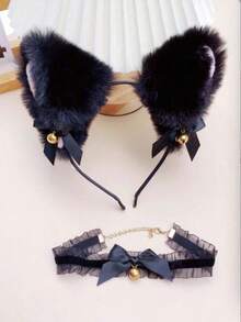 1 Set Of 2pcs Women Black Sexy Mesh Furry Ear Headband, Bowknot Choker With Bell, Costume Accessories For Halloween, Party, Gift - Black - View 1
