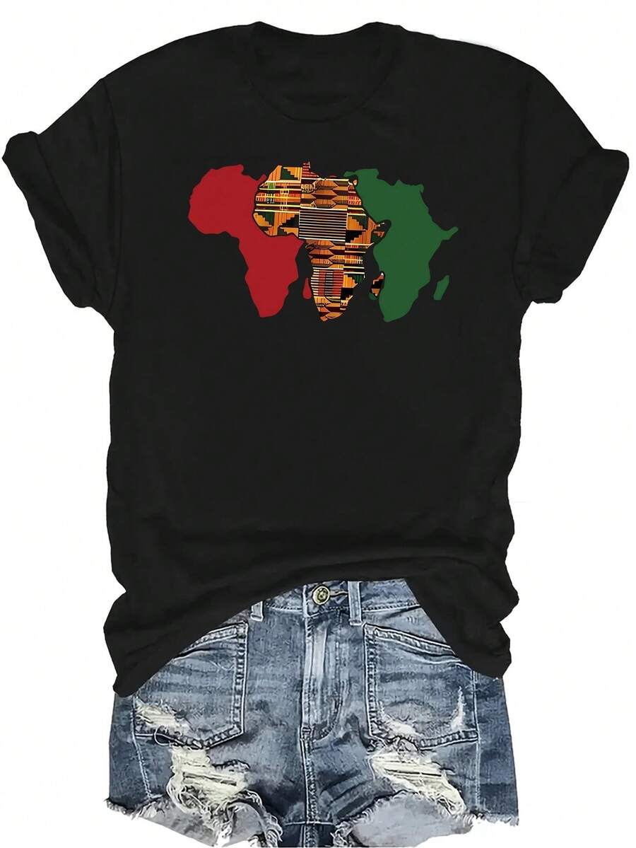 [Camiseta de moda casual] Camiseta suave y cómoda para mujer - Camiseta de cuello redondo de manga corta con estampado de mapa africano casual, regalo perfecto para la abuela y la mamá, uso casual de primavera y verano - Negro - Ver 1