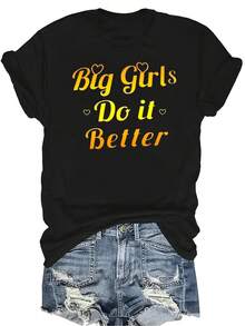 [Camiseta de moda casual] Camiseta suave y cómoda para mujer - Las chicas grandes lo hacen mejor Parte superior de manga corta y cuello redondo casual, regalo perfecto para la abuela y la mamá, uso casual de primavera y verano - Negro - Ver 1