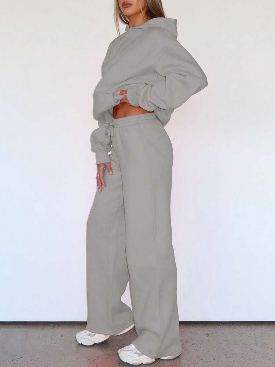 秋冬休闲纯色卫衣两件套，连帽口袋上衣搭配松紧腰抽绳直筒裤，两件套。套装 - 灰色 - 查看 1