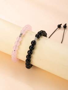 1pc Elegant Adjustable Beaded Bracelet With 8mm Natural Stone Beads In Pink And Black, Suitable For Teens, Boys, Girls, Daily Wear Or Gifts, Great For Mother's Day, Holidays, Best Friends, Couples