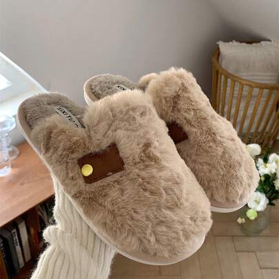 XIXITIAO 1双复古风男女通用毛绒拖鞋，软底室内拖鞋，温暖舒适的情侣拖鞋，舒适平底复古毛绒鞋，居家休闲拖鞋