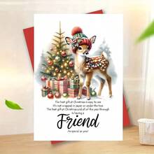 1pc Festive Christmas Card With Envelope - Adorable Deer & Tree Design, "The Heat At Christmas Is Easy To See" Quote, Perfect For Friends, Paper Material, No Power Needed, Holiday Greeting Card | Cheerful Holiday Design | Paper Card, Christmas Cards