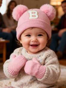 2 Stücke/Set gestrickte Mützen & Handschuhe Baby A-Z Buchstaben gestrickte Mützen mit rosa Handschuhen Baby Mädchen Hut Kinder Beanie Mütze Säuglings Zubehör Kinderhüte Elastisch 0-3J Baby Mädchen Junge Hut