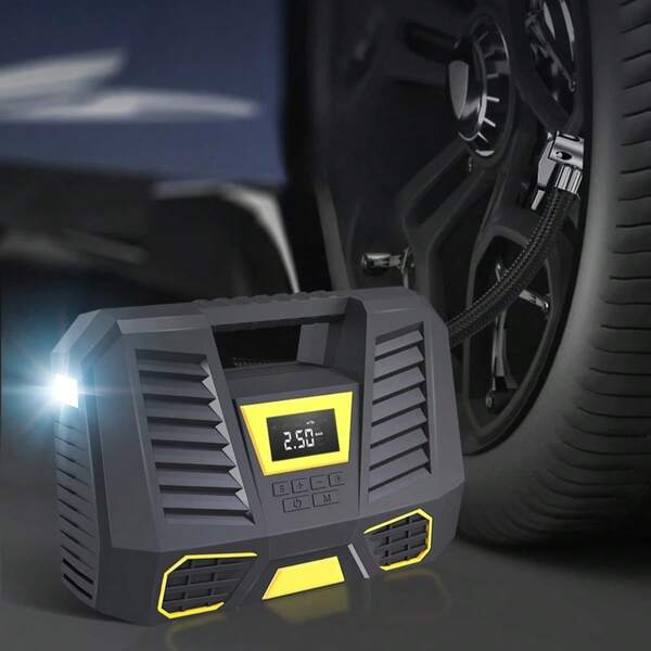 Compresor de aire portátil para accesorios de automóvil, inflador de neumáticos multifunción de 150 PSI, bomba de aire inalámbrica para automóvil. Características: luz LED incorporada y manómetro digital de presión para un fácil funcionamiento. Duradero y de larga duración con batería de ión de litio de 12V 2000mAh. Adecuado para automóviles, bicicletas, motocicletas y balones deportivos.