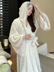 女士秋冬保暖连帽浴袍，拼接设计，甜美舒适，休闲可爱，系带腰身家居服，轻松惬意 - 柔软珊瑚绒 - 彩色 - 查看 1