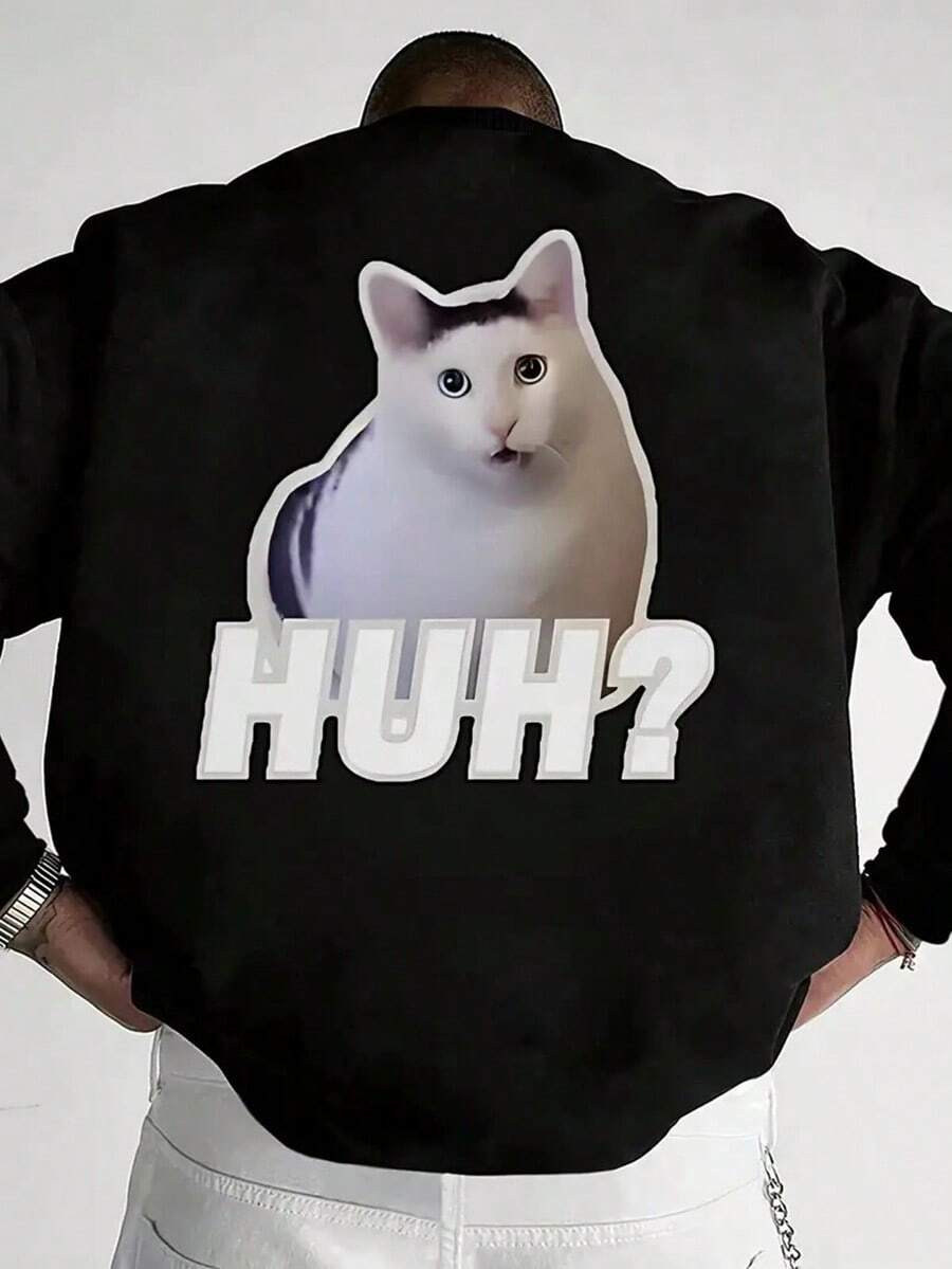 Cartoon White Cat Black Spotted, Men'S Casual Sweatshirt Set, Round Neck Sweatshirt, Autumn And Winter Warm Sweatshirt,Fall Hoodies,Men's Fall Clothes,Street Wear,Halloween,Mens Hoodies,Y2k Clothes,Jesus Hoodie,Thanksgiving Day,Nightmare Before Christmas,Christmas - Black - View 1