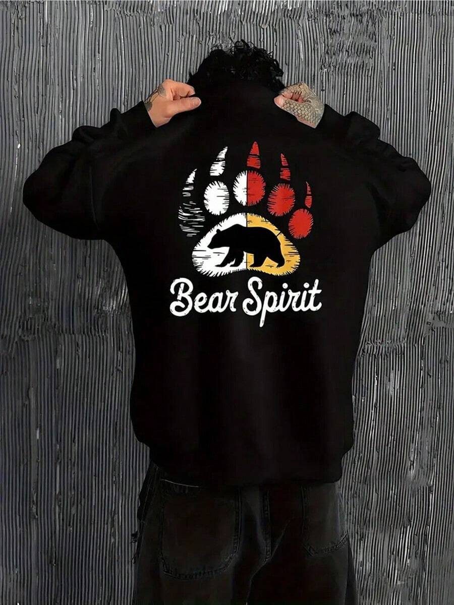 Men's Bear Paw & Bear Spirit Graphic Sweatshirt - Loose Fit Brown Bear Print Hooded Pullover, Long Sleeve Casual Winter Sweater For Outdoor Activities, Gym & Casual Attire - Machine Washable,Fall Hoodies,Men's Fall Clothes,Street Wear,Halloween,Mens Hoodies,Y2k Clothes,Jesus Hoodie,Thanksgiving Day,Nightmare Before Christmas,Christmas - màu đen - Xem 1