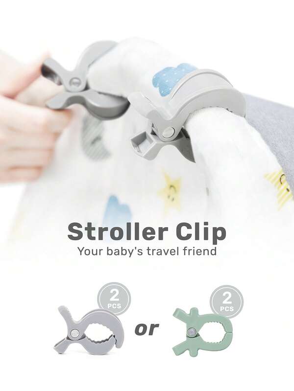 قطعتان من مشابك عربة الأطفال، مشابك قوية باللون الرمادي والأخضر، مشابك شبكة البعوض للأطفال، بلاستيك متين لتثبيت البطانيات/الألعاب، ضروريات سفر عملية للعربة، الحامل، العربة، لجميع المواسم