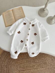 Newborn Baby Girl Thick Jumpsuit Romper With Bear Embroidery, Casual Winter Outfit - White - View 4