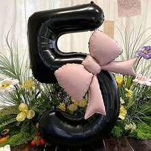 2pcs/Set 40-Inch Black Number Shaped Foil Balloons With Pink Matte Bow Decor, Suitable For Birthday Party, Wedding, Outdoor Event, Anniversary, Holiday, Thanksgiving, Harvest Season, Valentine's Day, Christmas, Party Celebration Atmosphere And Backdrop Decoration - Black - View 12