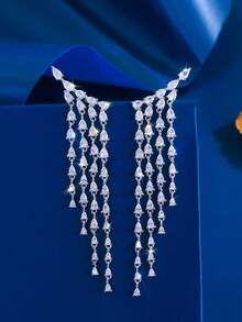 1 Pair Extra Long Dangle Cluster Water Drop Cubic Zirconia Tassel Earrings, Luxury Wedding Engagement Bridal Party Jewelry Gift For Women - White - View 2