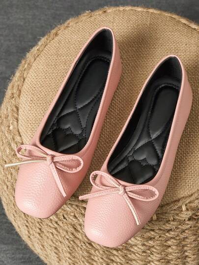 MonaNise Women's Fashion Square Toe Low Vamp Apricot Bow Flat Shoes, Black & White Outdoor Casual High-End Khaki Versatile Flats