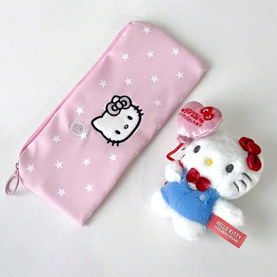 Sanrio 1 pièce Trousse à crayons rose étoile Hello chat, sac de rangement de papeterie de haute qualité pour étudiant, organisateur de bureau simple