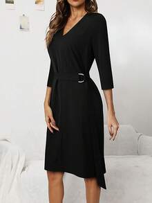 HOMEYEE V领3/4袖腰系带休闲宽松复古休闲中长连衣裙