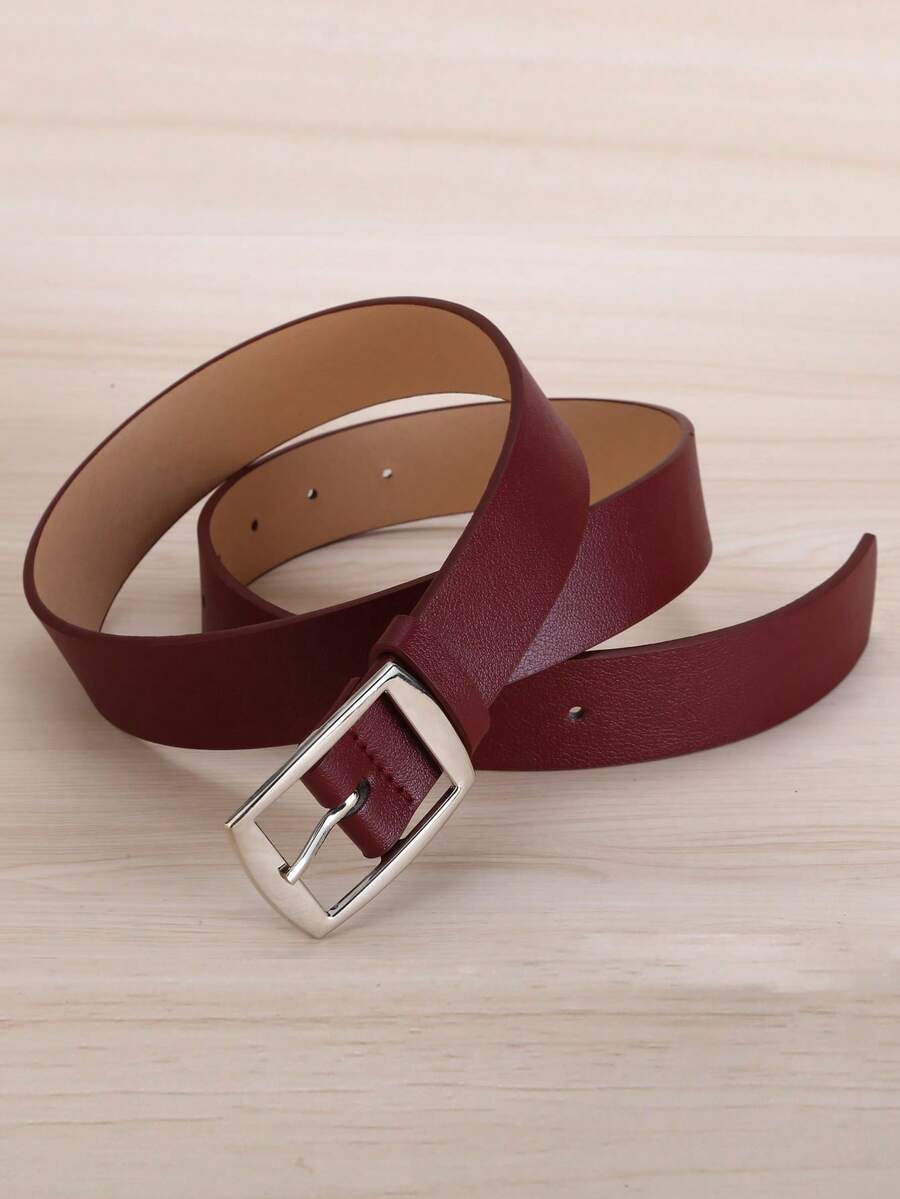 1 chiếc thắt lưng PU khóa cài thông thường màu đỏ rượu vang dành cho cả nam và nữ, thắt lưng quần hợp kim vuông màu trắng cỡ lớn, quà tặng cho bạn gái - Màu Đỏ Sâu - Xem 1