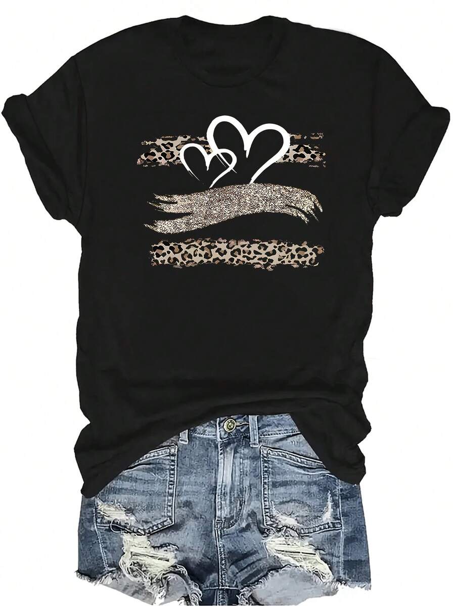 [Camiseta de moda casual] Camiseta suave y cómoda para mujer - Diseño de estampado de leopardo en forma de corazón, Manga corta, cuello redondo, casual, regalo perfecto para la abuela y la mamá, uso casual en primavera y verano - Negro - Ver 1