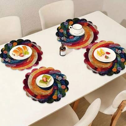 4pcs/Set Table Placemat Set,Floral Spiral Quilt Pattern Popular Home Round Placemats,Seasonal Holiday Decor Rustic Vintage Washable Round Table Mats For Home Decor,Table Decoration,Halloween,New Year,Wedding Party,Valentine's Day