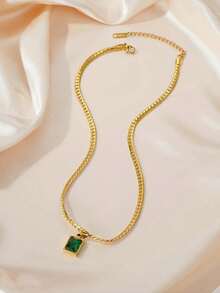 1 buc colier cu pandantiv din oțel inoxidabil cu smarald, pandantiv vintage cu zirconiu cubic cu smarald pe colier cubanez, colier elegant și versatil potrivit pentru fete și femei