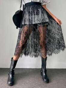 1 Piece Of Chiffon Dress, Lace Petticoat, Elastic Band Beach Dress (No Underwear), Women's Autumn Outfit