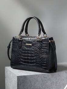 Stylish Crocodile Pattern Snake Pattern Embossed Women's Handbag - Versatile Crossbody & Handbag With Adjustable Strap, Zip Closure & Wrist Strap, Lightweight For Everyday Use, Fashionable Handbag | Detachable Strap - Black - View 3