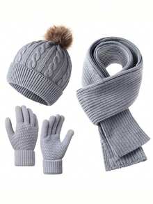 3pcs Winter 2025 New Women Thick Knitted Beanie Hat, Scarf & Gloves Set, Outdoor Cycling Warm 3 Pieces Suit, Unisex Solid Color Winter Warm Valentines Gift - Multicolor - View 4