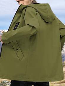 Hidkat Men's Mid-Length Windbreaker Jacket, Hooded With Drawstring, Warm And Windproof, Solid Color, Suitable For Casual Outdoor Daily Wear - 綠色 - 查看 2