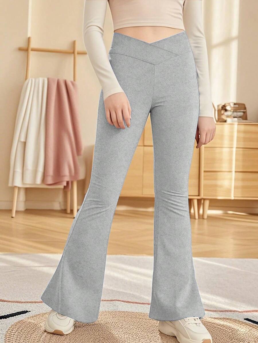 Calça Flare de Malha com Cintura Alta e Cruzada para Meninas, Legging de Ioga Nova de Outono para Crianças, Calça Flare Longa, Calça para Esportes ao Ar Livre - Cinza Claro - Visão 1