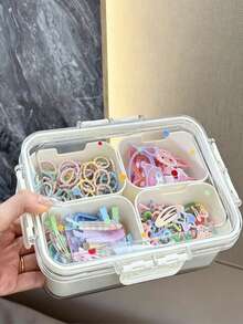 1pc White Luxury Children's Hair Accessory Storage Box, Girls Hair Accessory Box, Large Capacity Kids Hair Accessory Storage Box, With Handle Double Layer Storage Box, One-Click Storage For Hair Clips, Hair Ties, Scrunchies - Multicolor - View 4