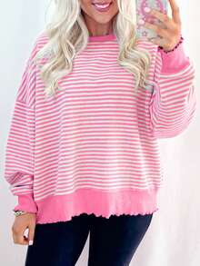 CILKOO Oversized Striped Loose Drop Shoulder Long Sleeve Lightweight Pullover Sweatshirt, Spring - Baby Pink - View 3